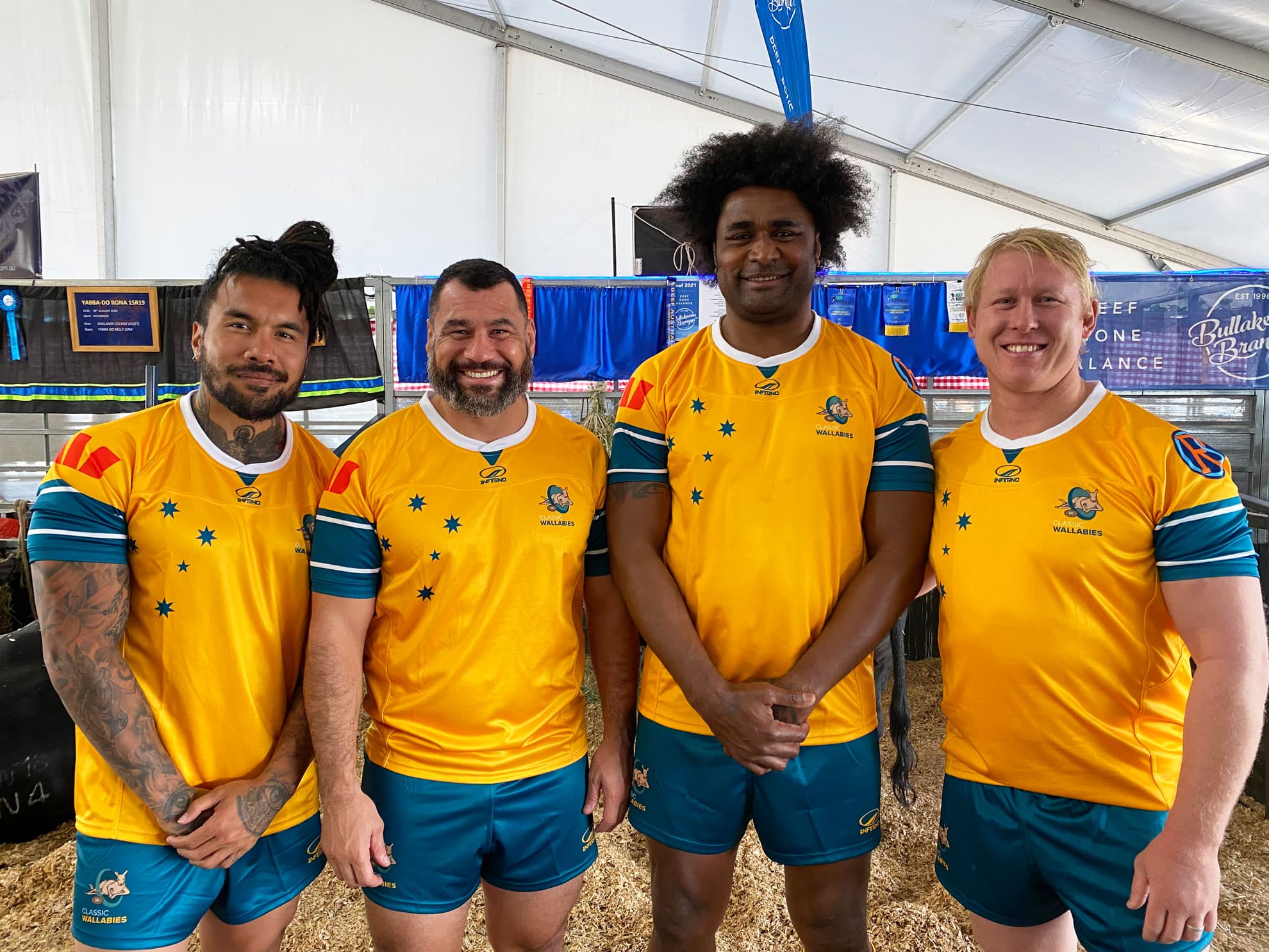 Classic Wallabies Digby Ionae, George Smith, Radike Samo and Beau Robinson at Beef Australia 2021